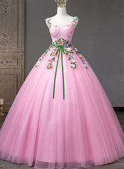 Pink Straps Tulle Sweetheart Ball Gown with Flowers, Pink Formal Dress Prom Dress
