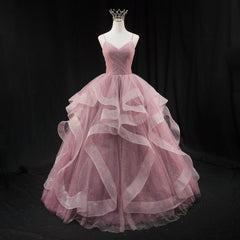 Pink Sweetheart Tulle Long Evening Dress Prom Dress, Pink Sweet 16 Gown