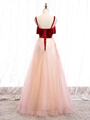Pink Tulle and Velvet Long Lace Applique Straps Floor Length Party Dress, A-line Long Pink Prom Dress