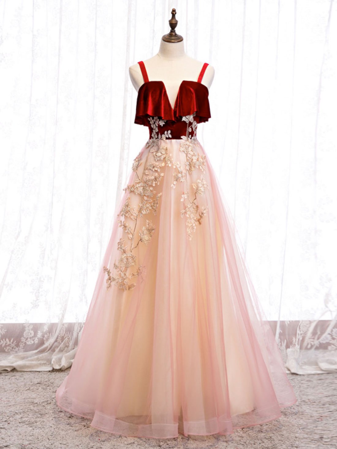 Pink Tulle and Velvet Long Lace Applique Straps Floor Length Party Dress, A-line Long Pink Prom Dress