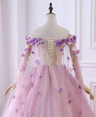 Pink Tulle Ball Gown Flowers Long Sweet 16 Dress, Pink Tulle Formal Dress