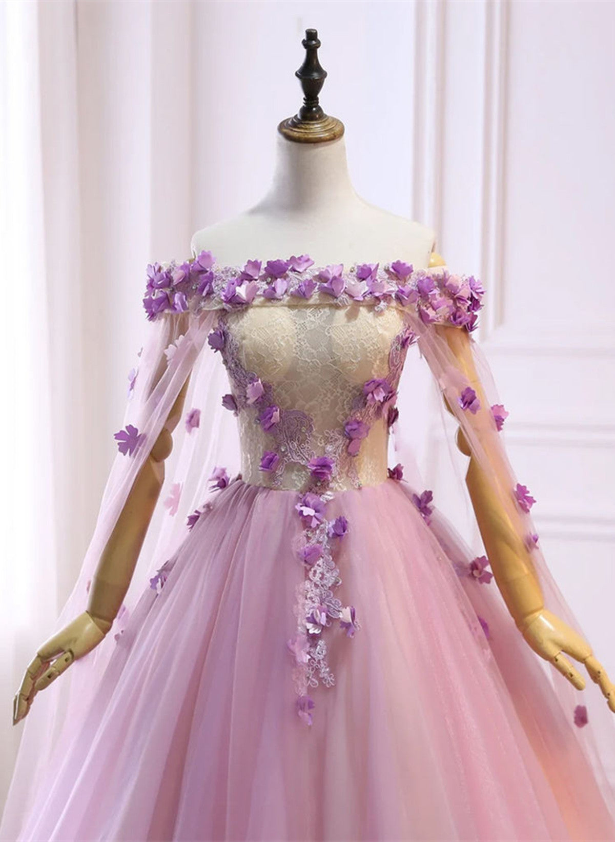 Pink Tulle Ball Gown Flowers Long Sweet 16 Dress, Pink Tulle Formal Dress