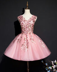 Pink Tulle Flowers Homecoming Dress, Short Pink Teen Formal Dress