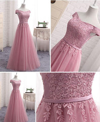 Pink Tulle Long Party Dress , Cute Off Shoulder Bridesmaid Dresses