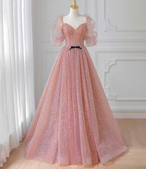 Pink Tulle Puffy Sleeves Long Prom Dress, Pink A-line Evening Dresses