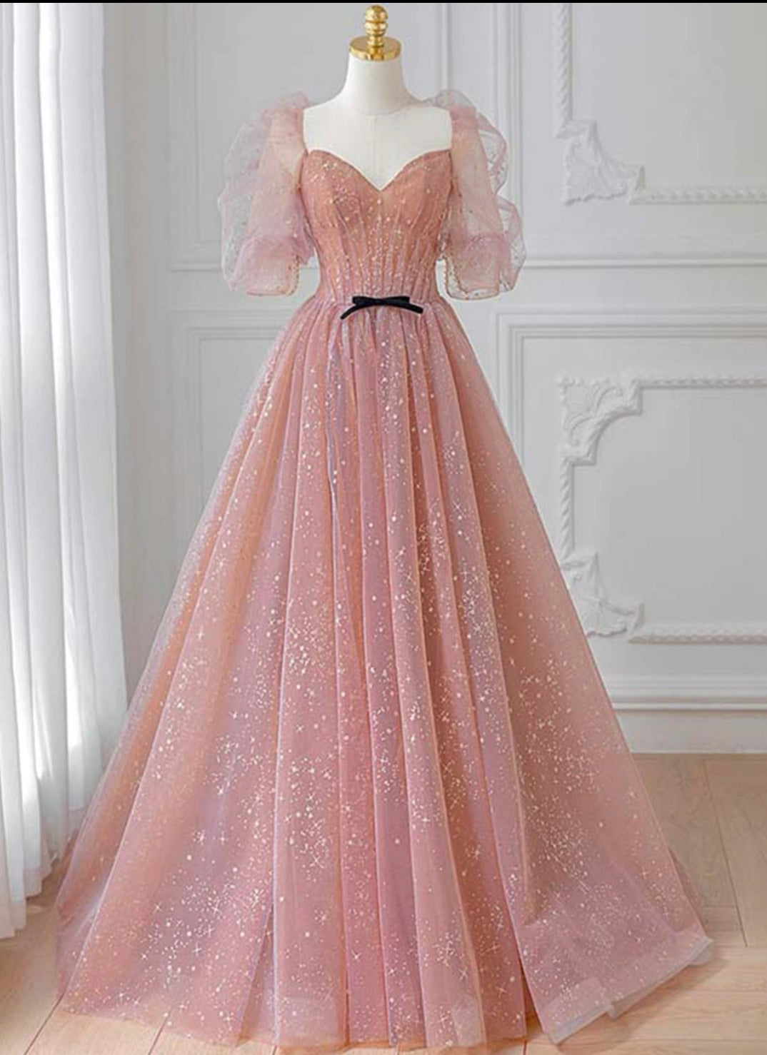 Pink Tulle Puffy Sleeves Long Prom Dress, Pink A-line Evening Dresses