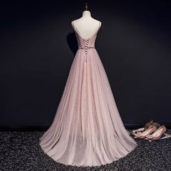 Pink V-neckline Beaded Tulle Prom Dress , Party Gown