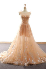 Pretty Champagne Straps Custom Tulle Party Dress, Lace Applique Formal Dress