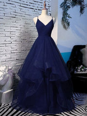 Pretty Navy Blue Tulle Layers Straps Long Party Dress, Blue Prom Dress