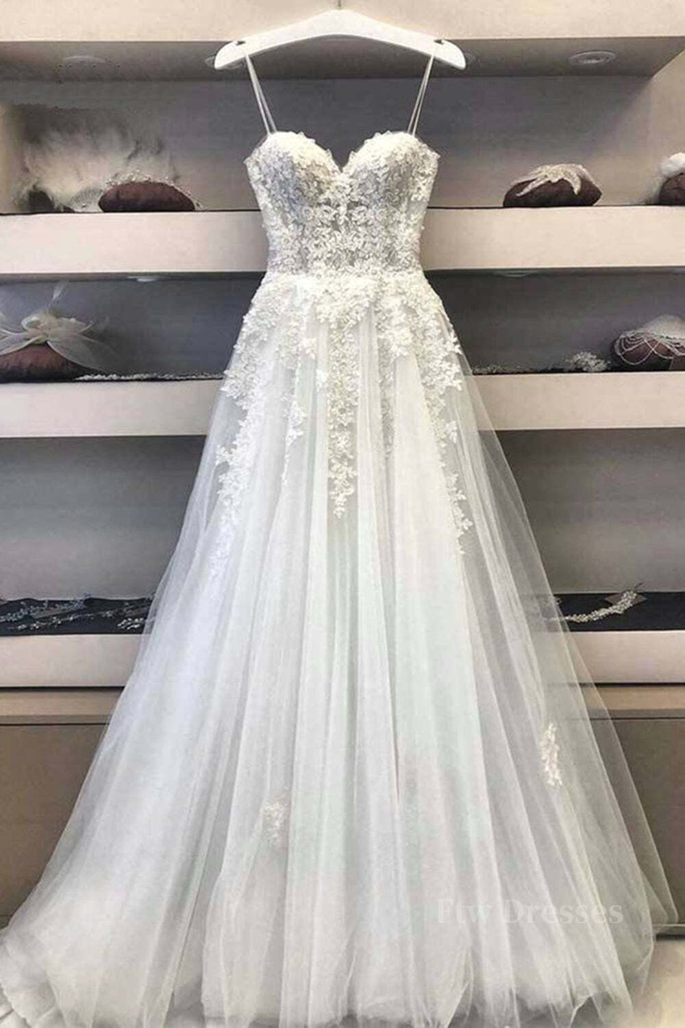 Princess Sweetheart Neck White Lace Prom Wedding Dresses, Ivory Lace Formal Dresses, White Evening Dresses