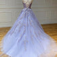 Long Backless Lavender Lace Prom Dresses