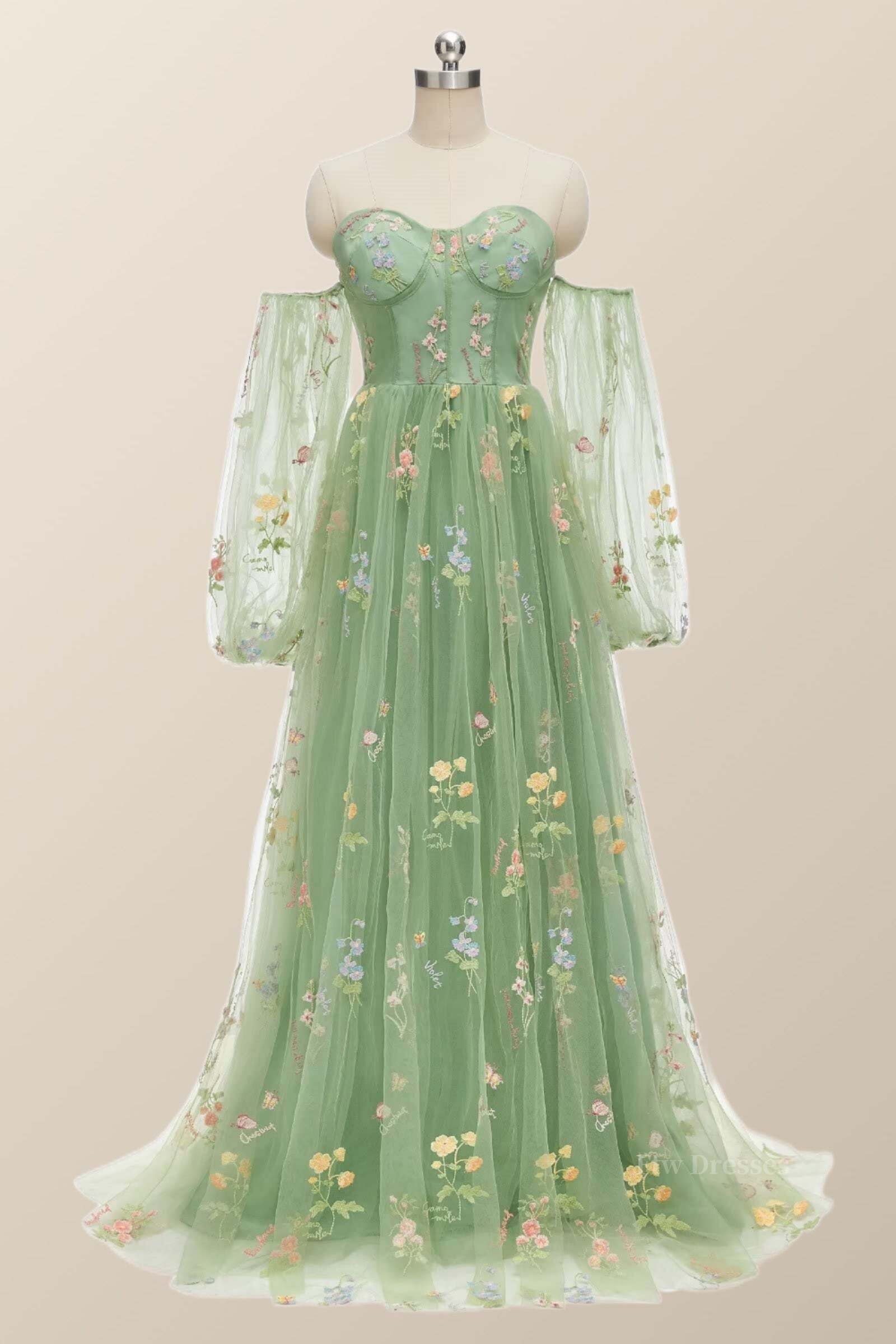 Puff Long Sleeves Green Floral Corset Long Formal Dress