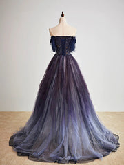 Purple Gradient Off Shoulder Beaded Sweetheart Prom Dress, Purple Long Tulle Formal Dress