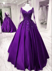 Purple Satin Long Sleeves with Lace Applique Party Dress, A-line Sweet 16 Dress