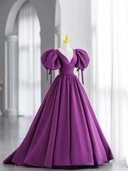 Purple Satin Puffy Sleeves Long Party Dress, Dark Purple Evening Dress