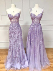 Purple sweetheart neck lace long prom dress, lace formal graduation dress