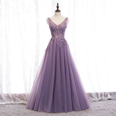 Purple V-neckline Tulle with Lace Floor Length Party Dress Evening Dress,Purple Prom Dress