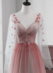 Red Gradient A-line Tulle with Lace Party Dress, Red Floor Length Prom Dress