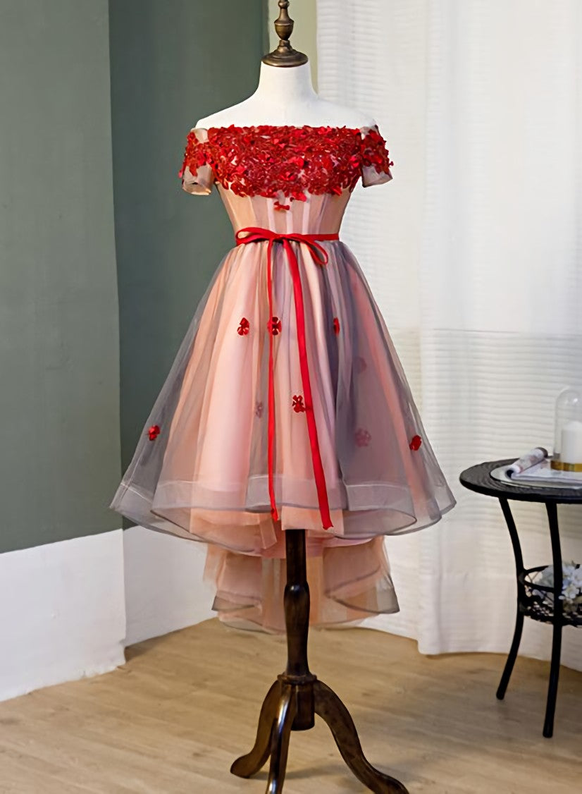 Red High Low Tulle Off Shoulder Party Dress, Red Homecoming Dress