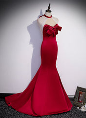 Red Mermaid Satin Long Party Dress Formal Dress, Lace-up Red Prom Dress