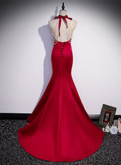 Red Mermaid Satin Long Party Dress Formal Dress, Lace-up Red Prom Dress