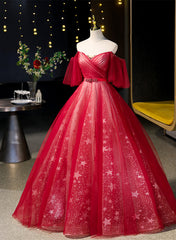 Red Off Shoulder Tulle Sweetheart Party Dress, Red Ball Gown Sweet 16 Dress