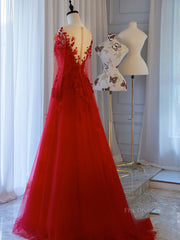 Red round neck tulle lace long prom dress, red evening dress