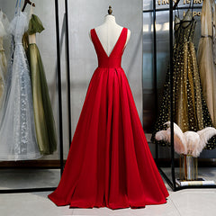 Red Satin Deep V-neckline Prom Gown, Red Floor Length Evening Gown