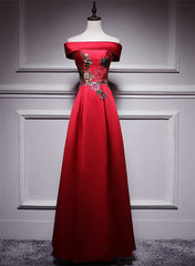 Red Satin Long A-line Prom Dress Off Shoulder Party Dress, Red Bridesmaid Dress