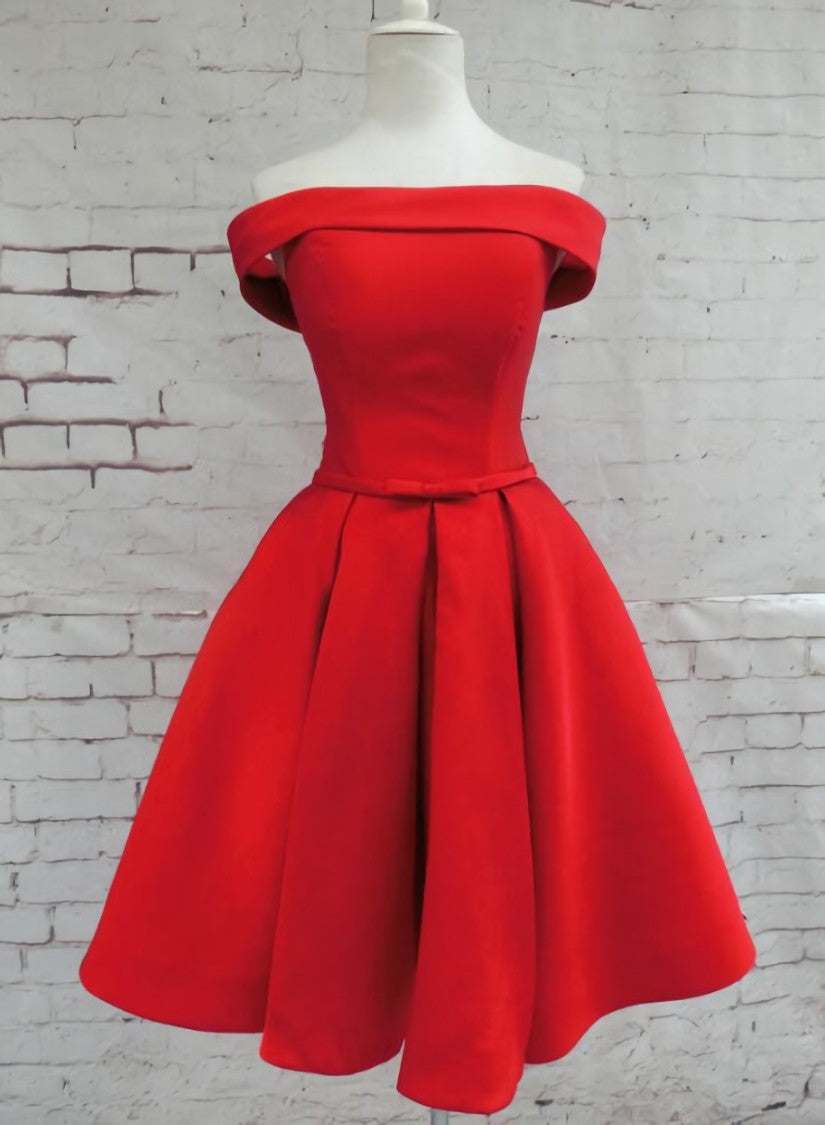 Red Satin Short Party Dress, Red Off Shoulder Homecoming Dress