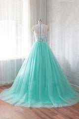Round Neck Green Lace Tulle Long Prom Dresses, Green Lace Formal Dresses, Green Evening Dresses