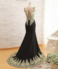Round Neck Mermaid Lace Applique Black Prom Dresses, Lace Black Formal Dresses