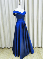 Royal Blue Satin A-line Simple Off Shoulder Prom Dress, Blue Bridesmaid Dress