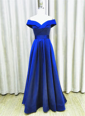 Royal Blue Satin A-line Simple Off Shoulder Prom Dress, Blue Bridesmaid Dress