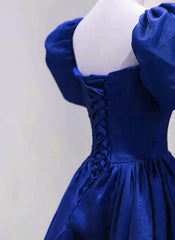 Royal Blue Satin Short Sleeves Wedding Party Dress, Royal Blue Party Dress Prom Dress