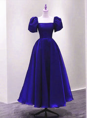 Royal Blue Satin Short Sleeves Wedding Party Dress, Royal Blue Party Dress Prom Dress