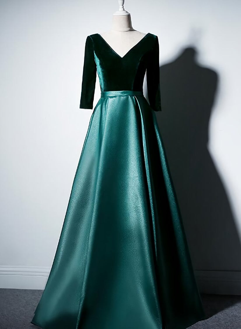 Satin and Velvet Short Sleeves Prom Dress, A-line Green Party Dress