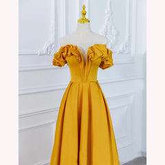 Satin Dark Yellow Off Shoulder Party Dress, A-line Satin Prom Dress