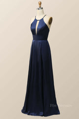 Scoop Navy Blue Halter Long Dress with Keyhole