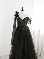 Sexy Black One Shoulder Tulle Sweetheart Sequins Party Dress, Black Evening Gown