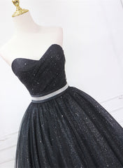 Shiny Black Sweetheart Tea Length Tulle Prom Dress, Black Evening Dress Homecoming Dress