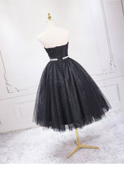 Shiny Black Sweetheart Tea Length Tulle Prom Dress, Black Evening Dress Homecoming Dress