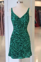 Shiny Green Sequins V Neck Short Prom Dresses, V Neck Green Homecoming Dresses, Green Formal Evening Dresses