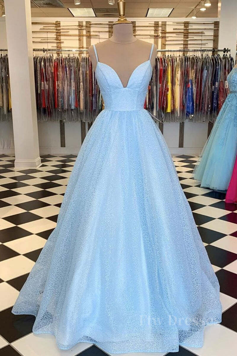 Shiny Sequins V Neck Blue Long Prom Dress, Sparkly Blue Formal Graduation Evening Dress