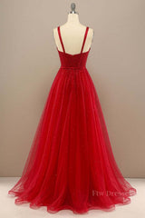 Shiny Sweetheart Neck Red Tulle Beaded Long Prom Dresses, Open Back Red Tulle Formal Graduation Evening Dresses