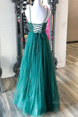 Shiny V Neck Backless Beaded Green Tulle Long Prom Dress, Green Lace Formal Dress, Beaded Evening Dress