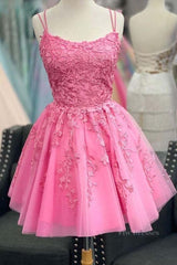 Short Pink Backless Lace Prom Dresses, Short Pink Open Back Formal Homecoming Dresses