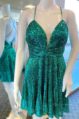 Short V Neck Green Sequins Prom Dresses, V Neck Green Sequins Formal Homecoming Dresses