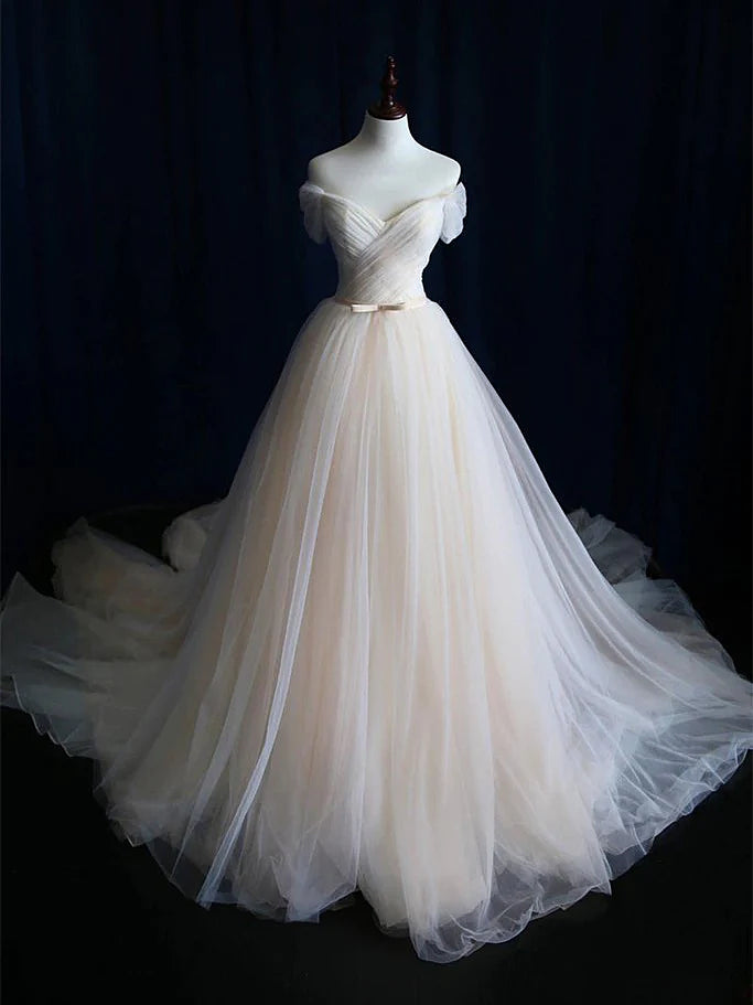 Simple Ball Gown Lace-up Ivory Tulle Off-the-shoulder Wedding Party Dress, Ivory Formal Dress