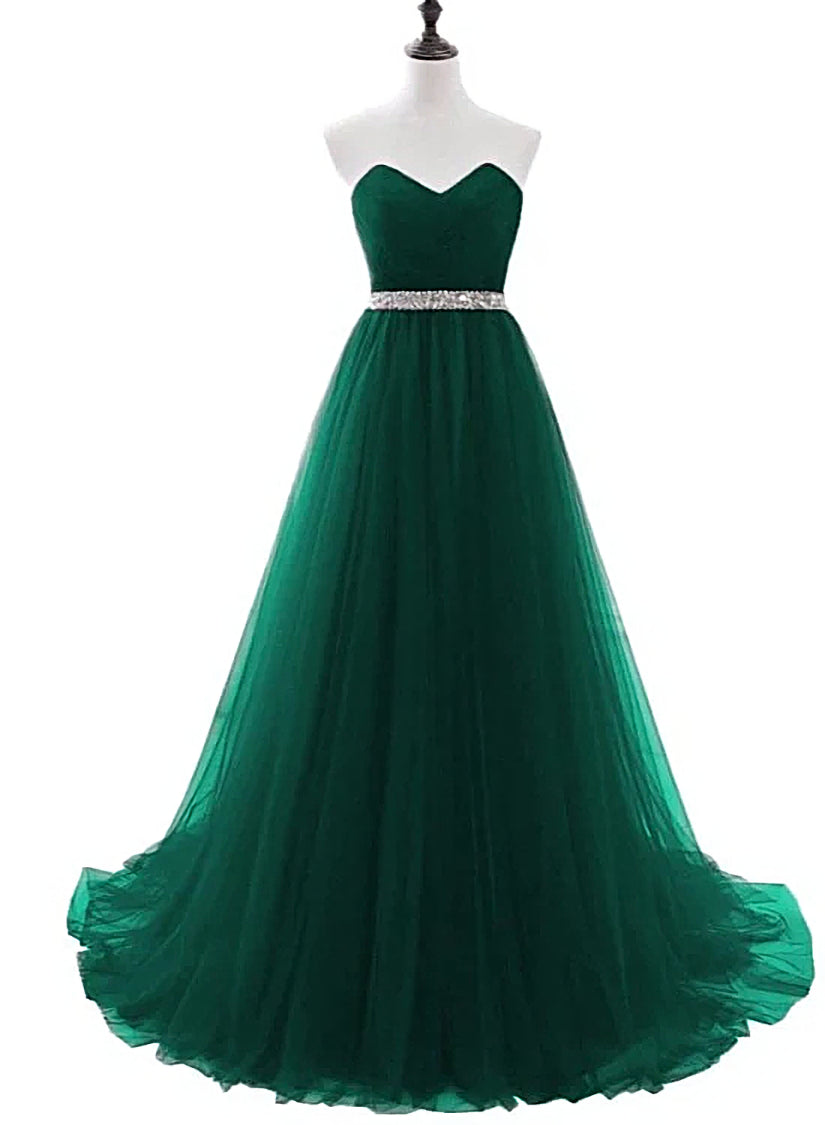 Simple Green Beaded Waist Tulle A-line Floor Length Party Dress, Green Formal Dress